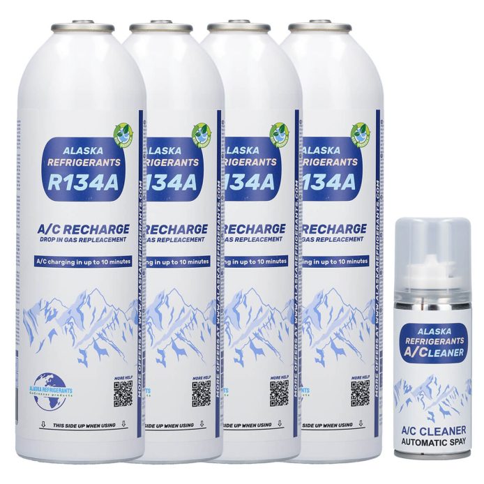 4 x Alaska Refrigerants Réfrigérant de remplacement R134a pour véhicules (Spray nettoyant système A/C offert)