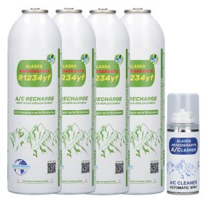 4 x Alaska Refrigerants Réfrigérant de remplacement R1234yf pour véhicules (Spray nettoyant système A/C offert)
