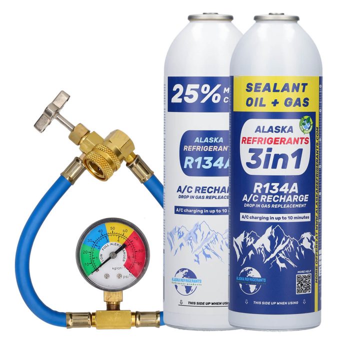 Kit Combiné Alaska Refrigerants – 3en1 Réfrigérant de remplacement R134a avec huile PAG 100 et colmatant de fuites + réfrigérant de remplacement R134a + tuyau et manomètre