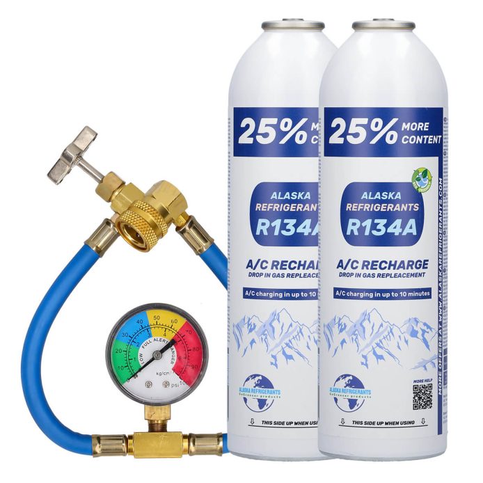Kit Double – Alaska Refrigerants Réfrigérant de remplacement R134a pour véhicules + tuyau et manomètre