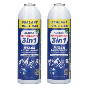 2 x Alaska Refrigerants 3en1 Réfrigérant de remplacement R134a avec huile PAG 100 et colmatant de fuites