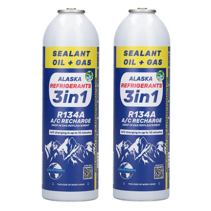 2 x Alaska Refrigerants 3en1 Réfrigérant de remplacement R134a avec huile PAG 100 et colmatant de fuites