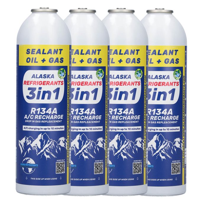 4 x Alaska Refrigerants 3en1 Réfrigérant de remplacement R134a avec huile PAG 100 et colmatant de fuites