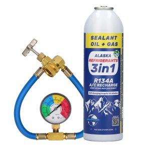 3en1 Alaska Refrigerants Réfrigérant de remplacement R134a, huile PAG 100, colmatant de fuites + tuyau et manomètre
