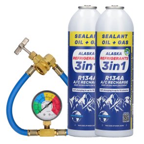Kit Double – 3en1 Alaska Refrigerants Réfrigérant de remplacement R134a avec huile PAG 100 et colmatant de fuites + tuyau et manomètre