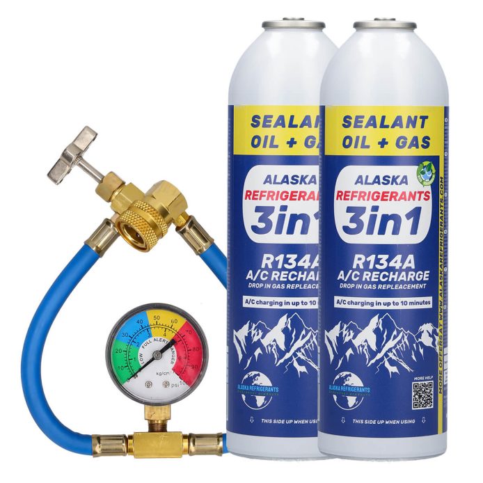 Kit Double – 3en1 Alaska Refrigerants Réfrigérant de remplacement R134a avec huile PAG 100 et colmatant de fuites + tuyau et manomètre