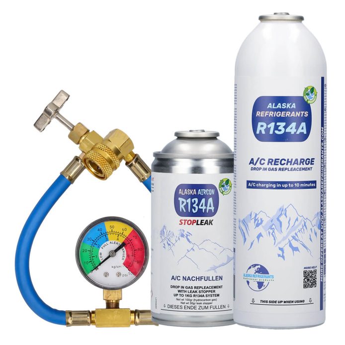 Alaska Refrigerants Réfrigérant de remplacement R134a pour véhicules + colmatant de fuites + tuyau et manomètre
